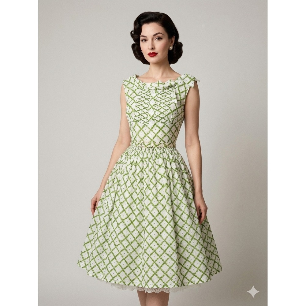 Vintage 1950s Smocked Novelty Print Cotton Dress XXS‎ Green White Metal Zip Belt